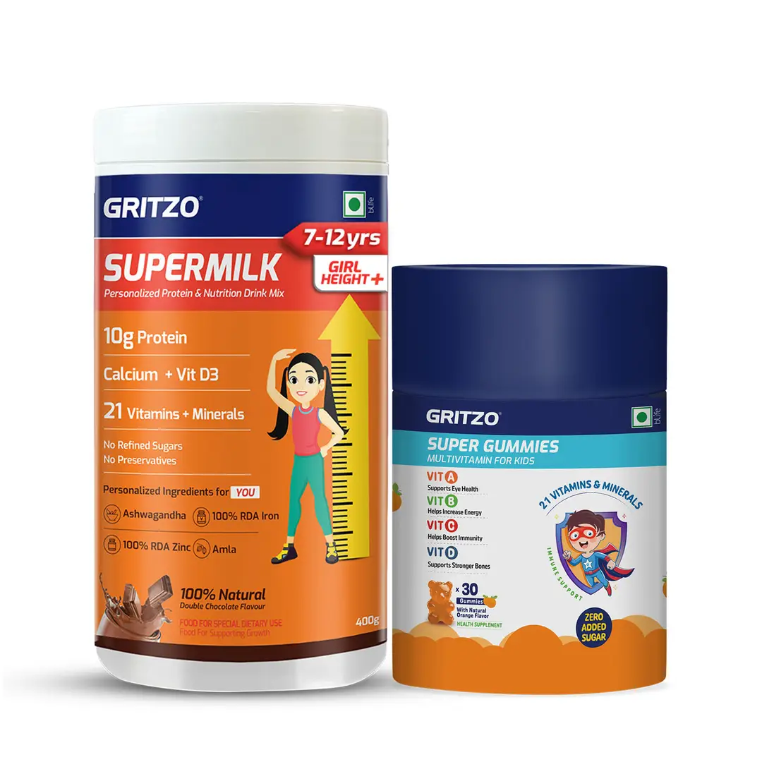 Gritzo SuperMilk Height+ (7-12y Girls) 10g Protein (Double Chocolate, 400g) and Super Gummies (Orange, 30 Gummies)