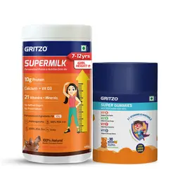 Gritzo SuperMilk Height+ (7-12y Girls) 10g Protein (Double Chocolate, 400g) and Super Gummies (Orange, 30 Gummies)
