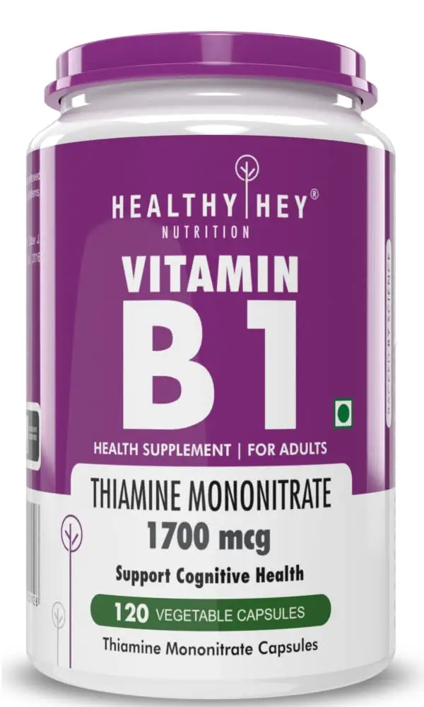 HealthyHey - Nutrition Vitamin B1 Thiamine - Helps the body turn food into energy - 120 Veg Capsules - Pack of 1 (120 Capsules)