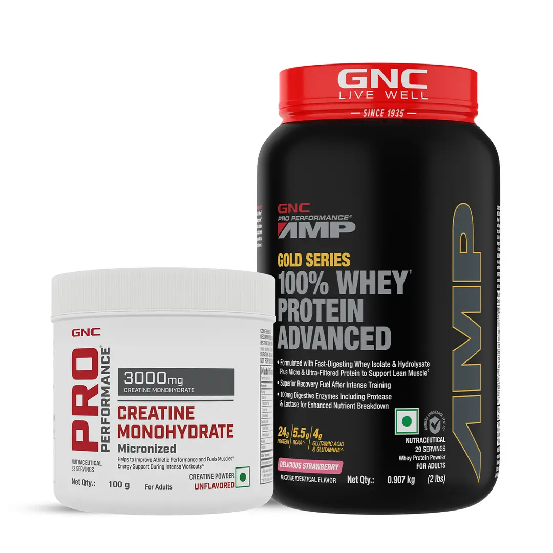 DSC - GNC - AMP 100% Whey Advanced Creamy Strawberry + Creatine Monohydrate-2lbs / 100gm Combo - Combo Pack (Whey + Creatine)