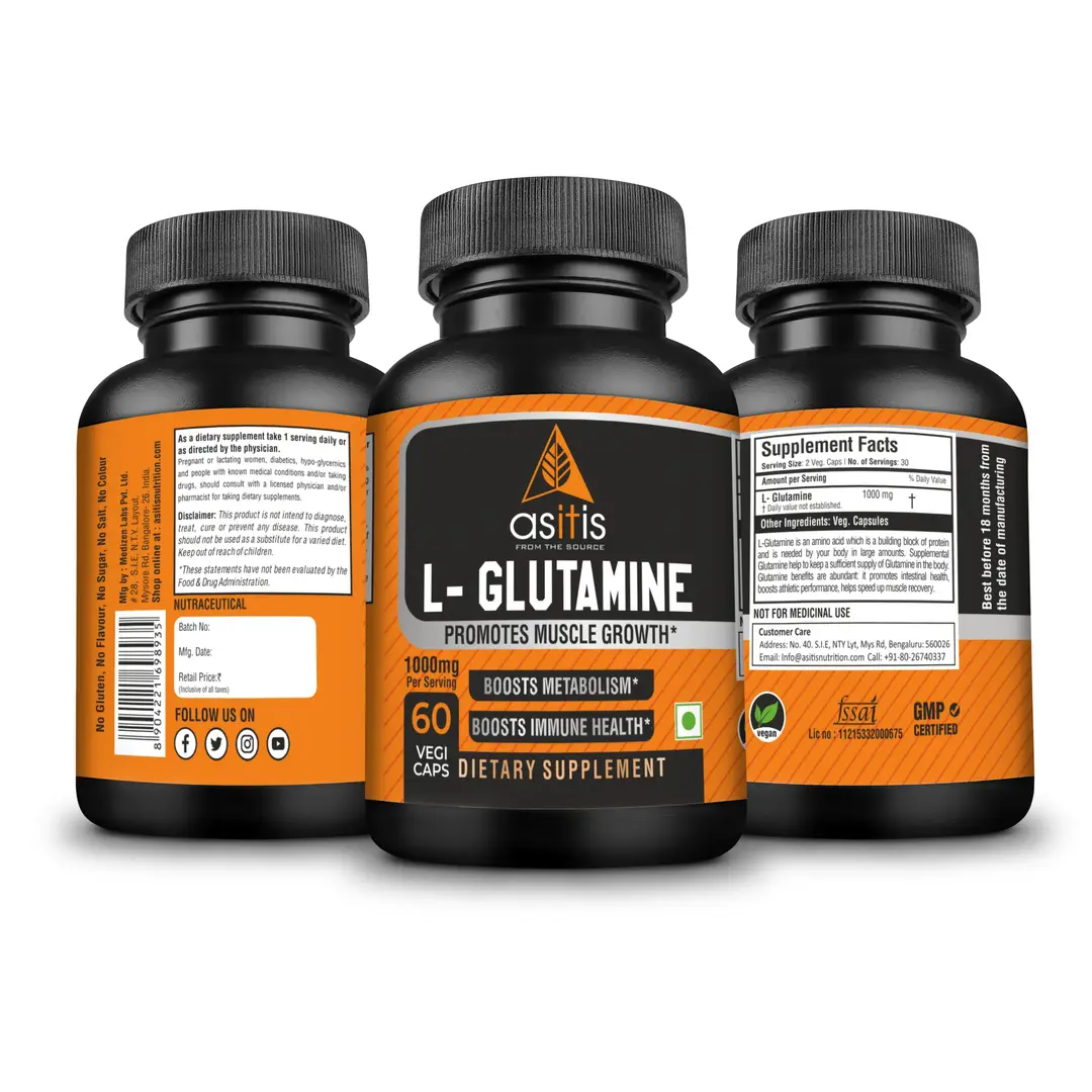 AS-IT-IS L-Glutamine for Muscle Growth And Recovery - Pack of 1 (60 Capsules)