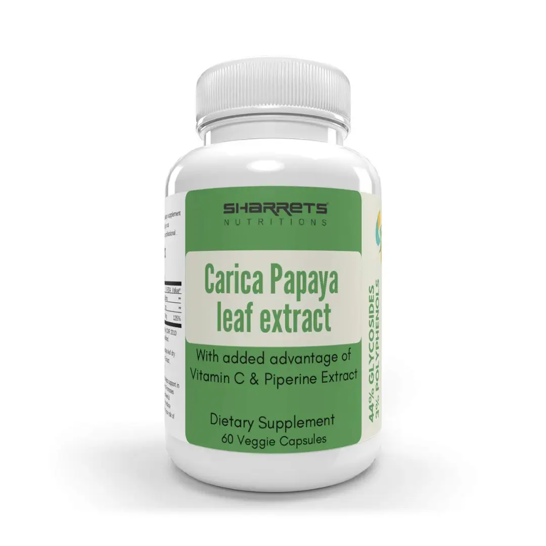 Sharrets Carica Papaya Leaf Extract with Vitamin C and Piperine for Platelet Count and Immunity - Pack of 1 (60 Capsules)