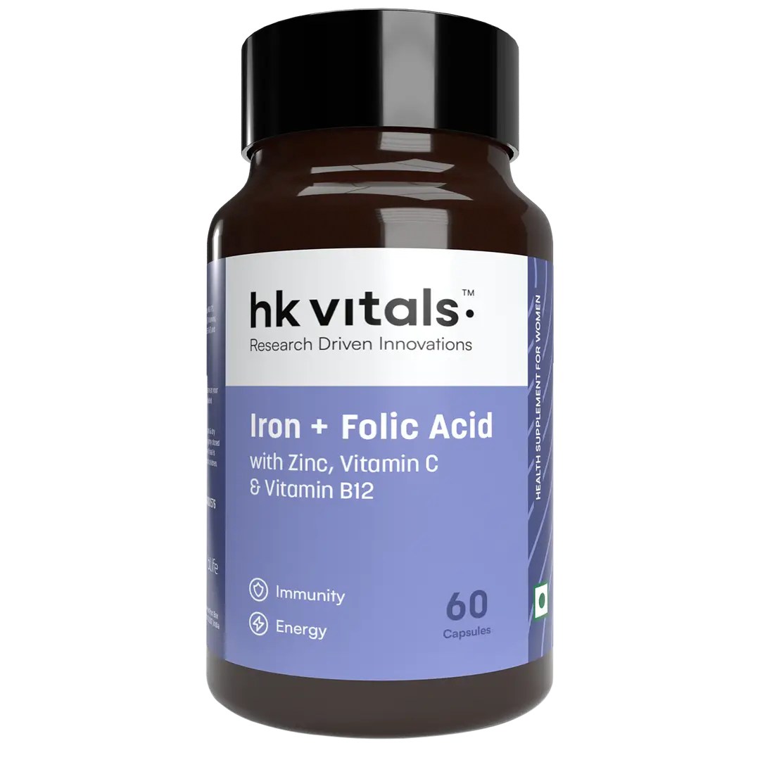 hk vitals Iron + Folic Acid Supplement | With Zinc, Vitamin C & Vitamin B12, Supports Blood Building | Immunity and Energy - Pack of 1 (60 Capsules)