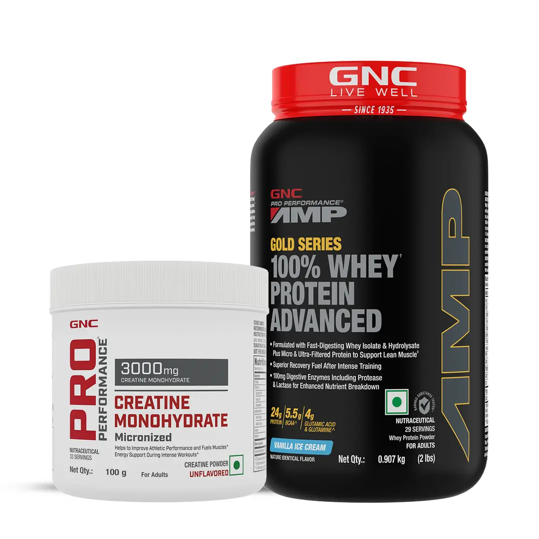 DSC - GNC - AMP 100% Whey Advanced Vanilla + Creatine Monohydrate- 2lbs / 100gm Combo - Combo Pack (Whey + Creatine)
