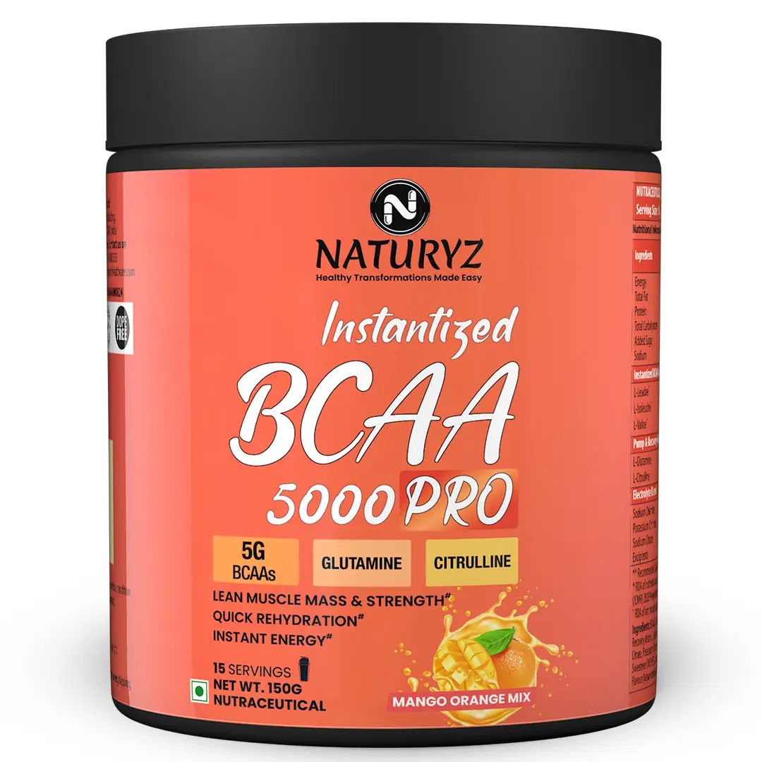 Naturyz Instantized BCAA 5000 PRO with 5G BCAAs Glutamine for Lean Muscle, Energy - Mango+Orange Mix,150 gm