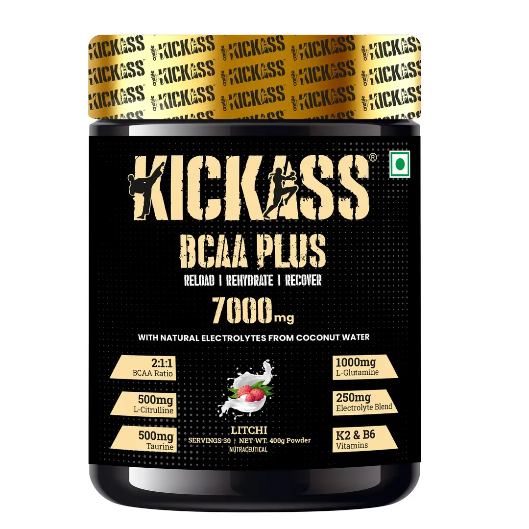Kickass BCAA PLUS 7000 mg: Reload, Recover and Rehydrate with natural electrolytes from coconut water, BCAA Ratio 2:1:1, L- Citrulline, Taurine, Vit K2 & B6 - 400 gm - Litchi