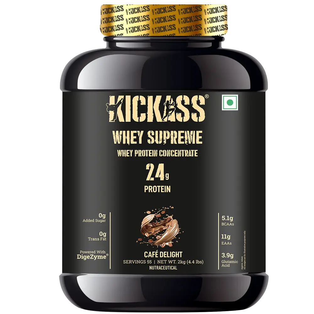 Kickass - Whey Supreme - with - Protease, Lactase, Cellulase, Lipase - for Muscle Growth and Lean Mass - Cafe Delight(2000 gm)