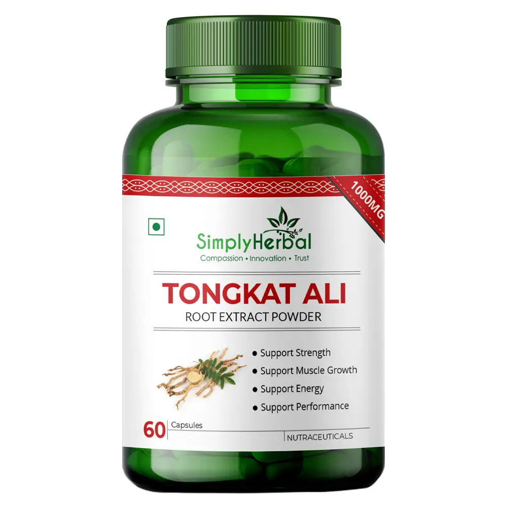 Simply Herbal Tongkat Ali root extract powder 1000mg for Enhanced Testosterone Level, Stamina and Stress Tolerance - Pack of 1 (60 Capsules)