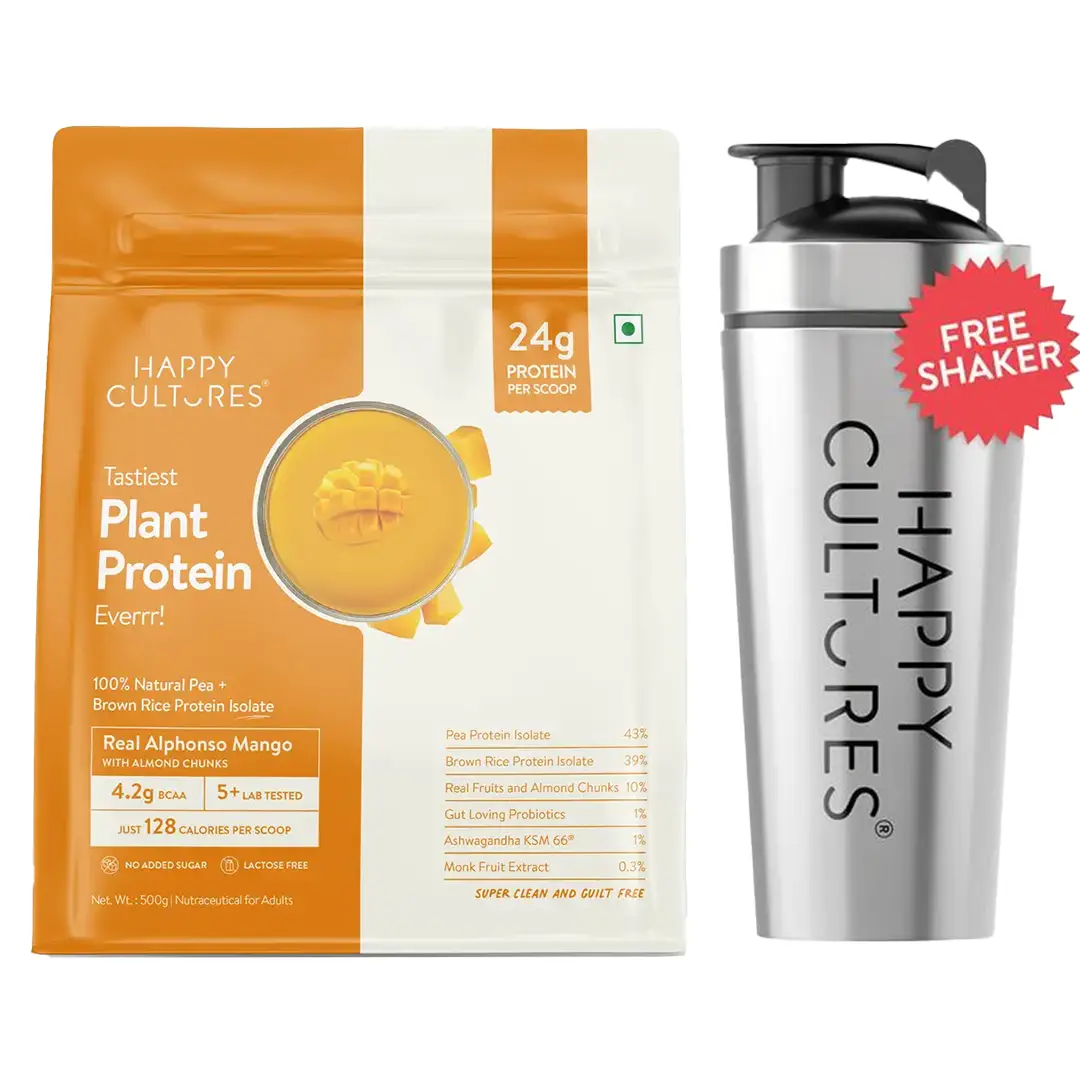 Happy Cultures 24g Tastiest Plant Protein|Pea & Brown Rice Protein Isolate| Vegan| 20 Complete Amino Acids| Women & Men| No Bloating, Easy to Digest| Dairy Free with Probiotics - 500 g - Alphonso Mango with Steel Shaker