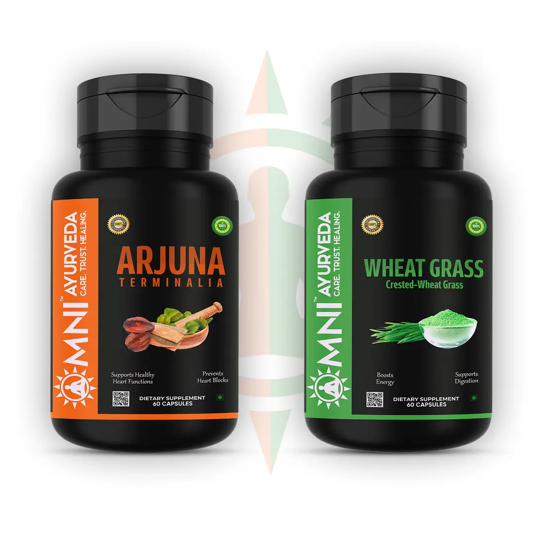 Omni Ayurveda - Arjuna Terminalia and Wheatgrass Capsule - for Antioxidant Powerhouse - Combo Pack (120 Capsules)