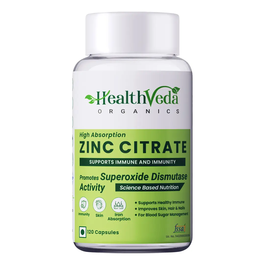 Health Veda Organics Zinc Citrate for Immunity, Healthier Skin, Hair and Nails - Pack of 1 (120 Capsules)