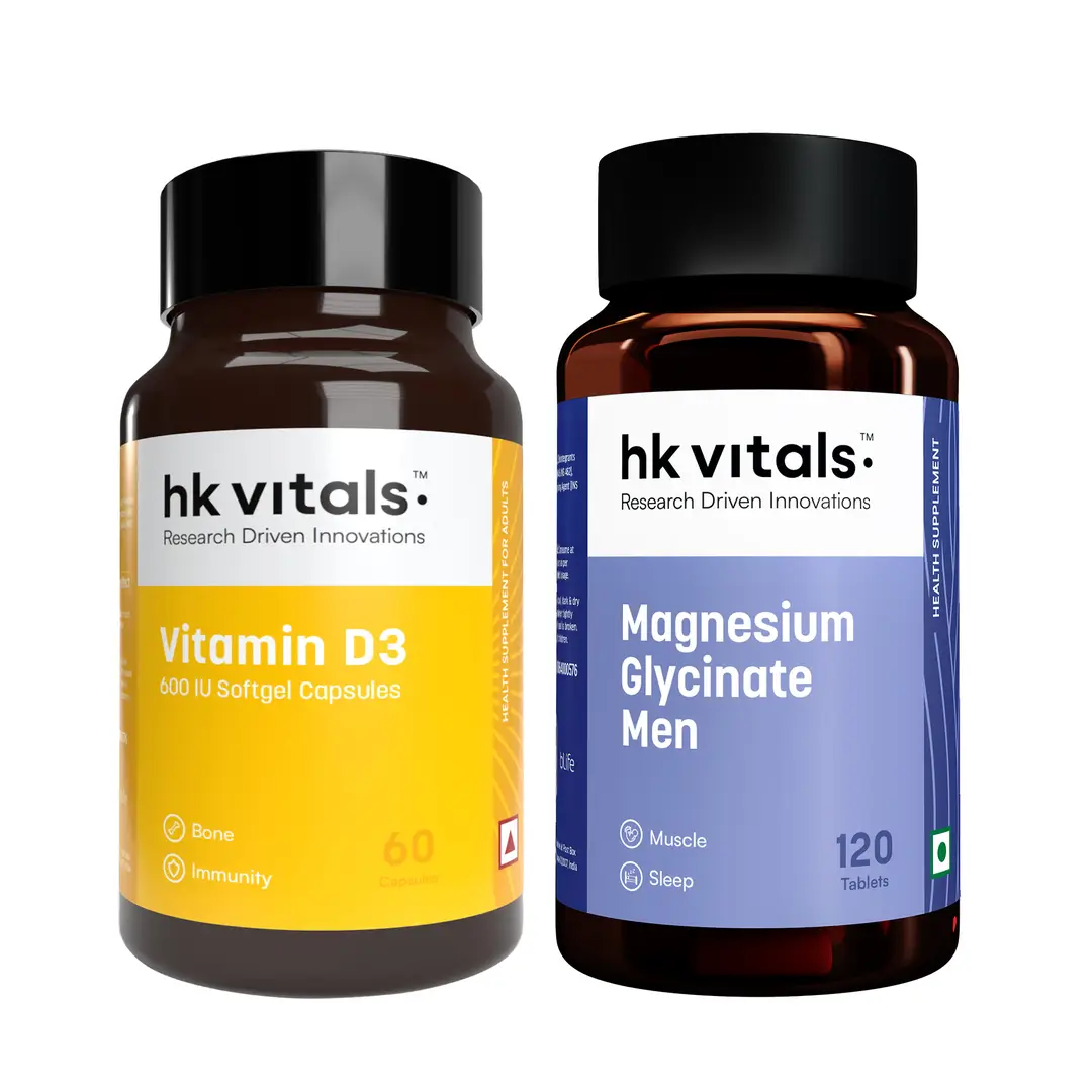 hk vitals Magnesium Glycinate (1682mg) 120 Tablets | For Better Sleep Quality & Muscle Recovery with Vitamin D3 (600 IU) (60 Capsules) - (Combo Pack)