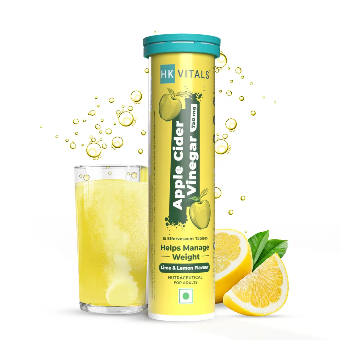 HealthKart - HK VITALS Apple Cider Vinegar 750 mg, for Weight Management & Gut Health, Supports Digestion - Effervescent Tablets - Lime Lemon,15 Count
