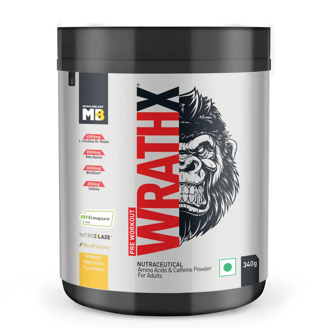 MuscleBlaze Pre Workout WrathX with Creapure®️, EnXtra, & BioPerine for Instant Energy - Mango Mayhem,340 gm