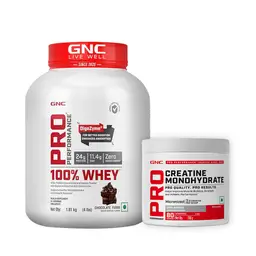 GNC Pro Performance 100% Whey Protein Powder (Chocolate Fudge,4 lbs) and Pure Micronized Creatine Monohydrate (Unflavoured, 100 gm) Combo Pack