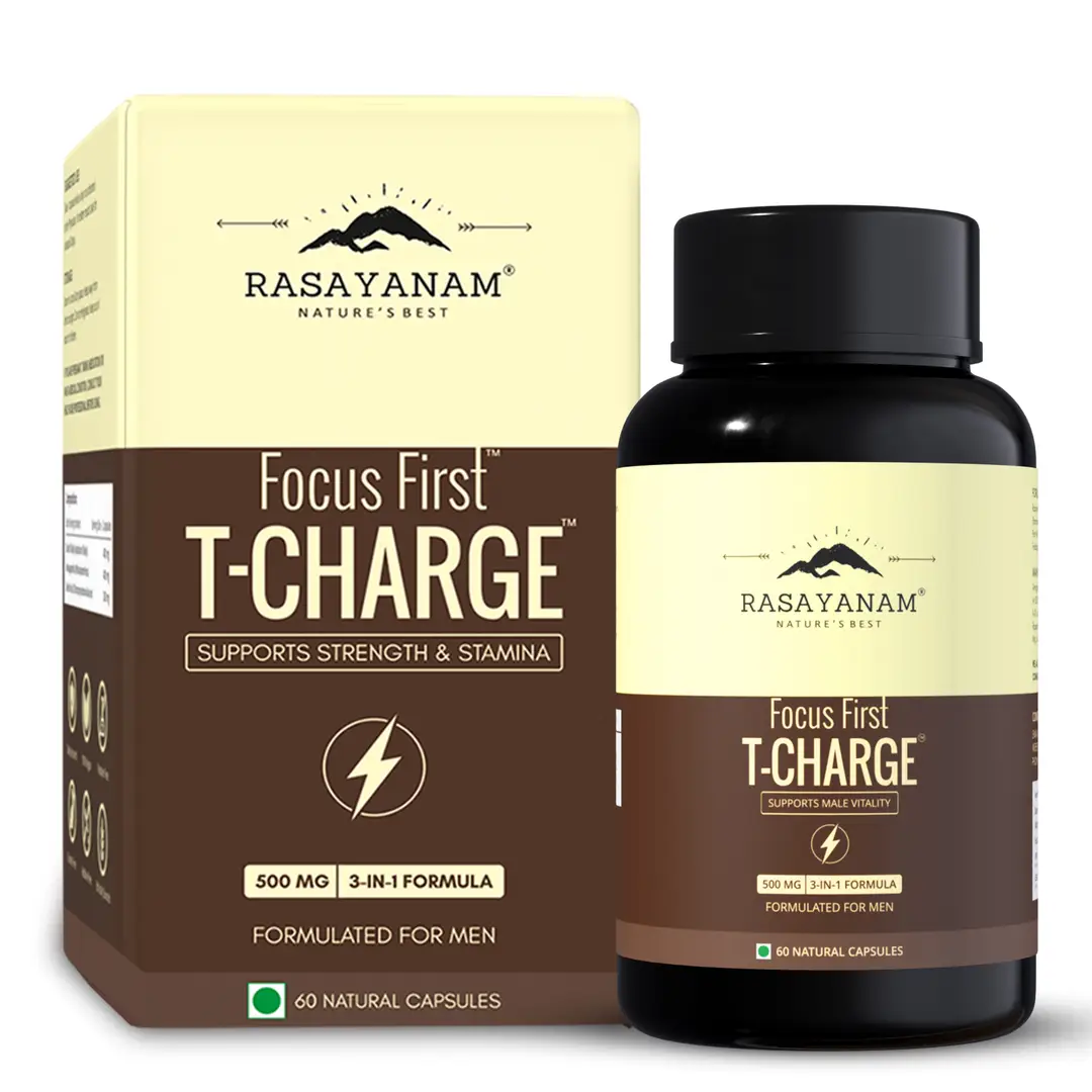 Rasayanam T-Charge Capsules, 500mg | 3-in-1 Testosterone Supplement for Men - 60 Capsules - Pack of 1 (60 Capsules)