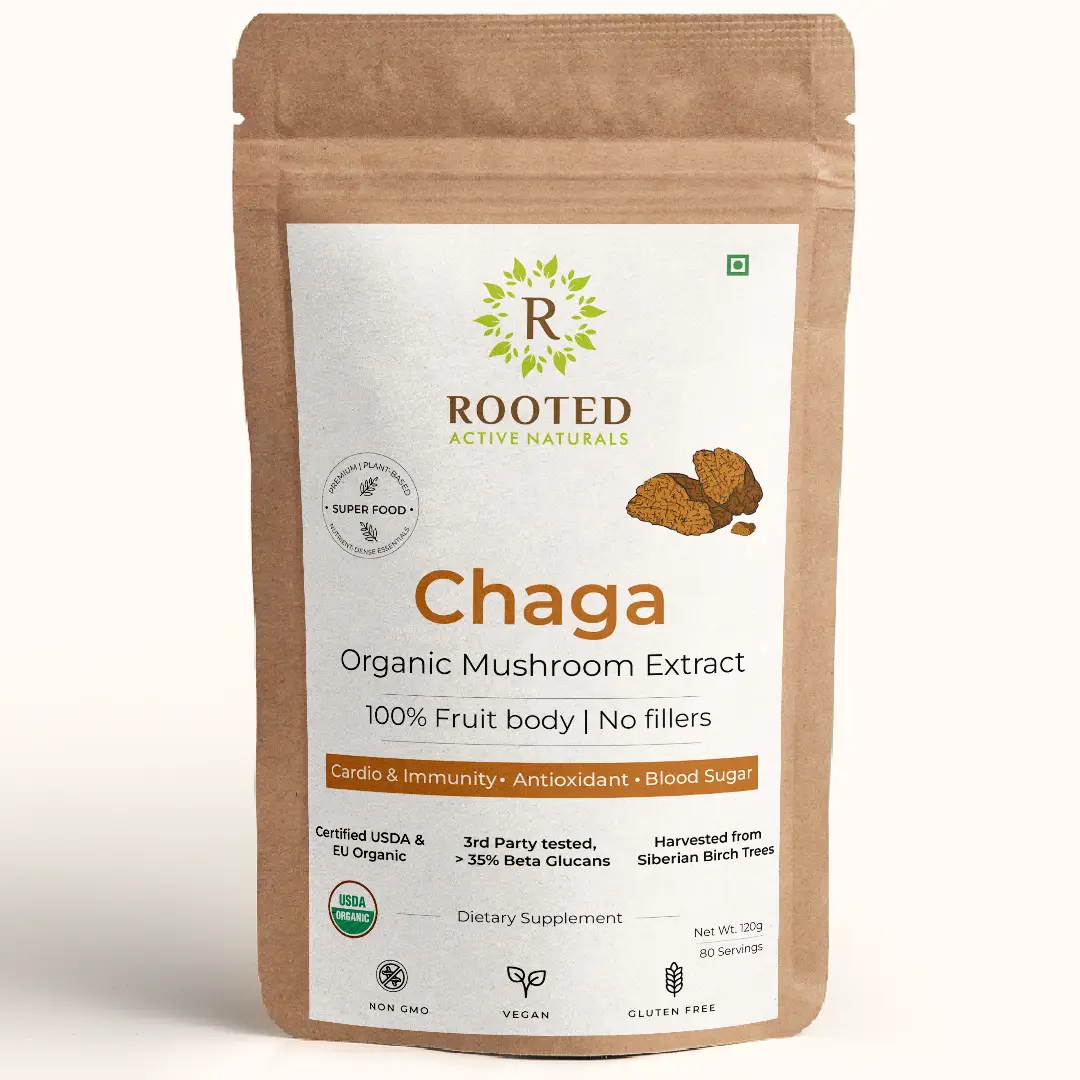 Rooted Active Naturals Siberian Chaga Mushroom Powder for Blood Sugar, Heart and Immunity - 120 gm