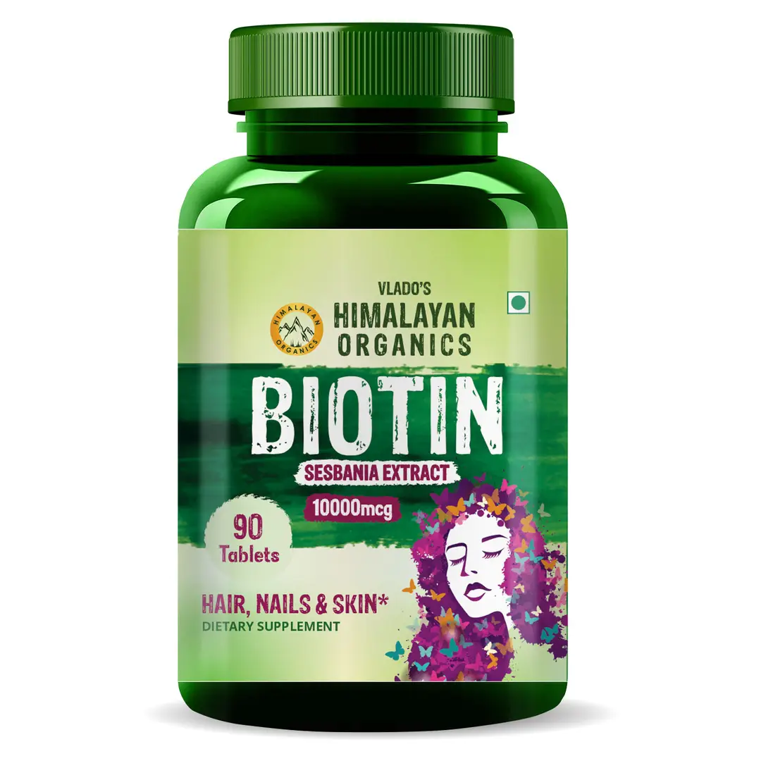 Vlado's Himalayan Organics Biotin 10000 MCG with Sesbania Grandiflora Extract Biotin for Hair Growth, Radiant Skin and Stronger Nails - Pack of 1 (90 Tablets)