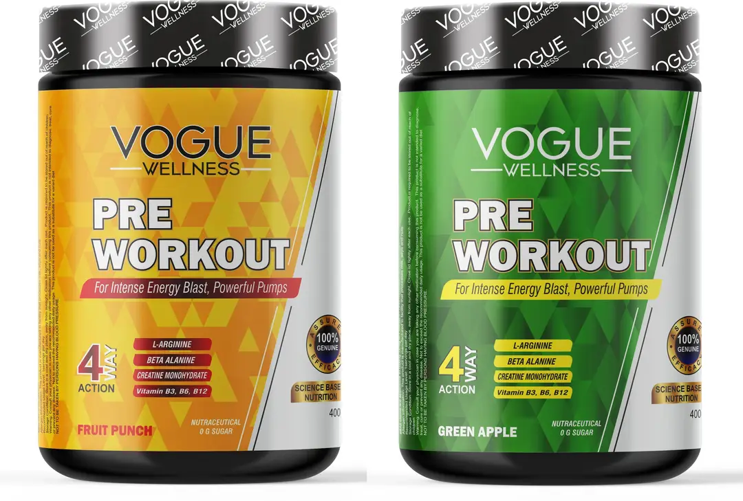 Vogue Wellness Pre-Workout Supplement for Energy & Endurance (Combo) - Fruit Punch and Green Apple(800 gm)