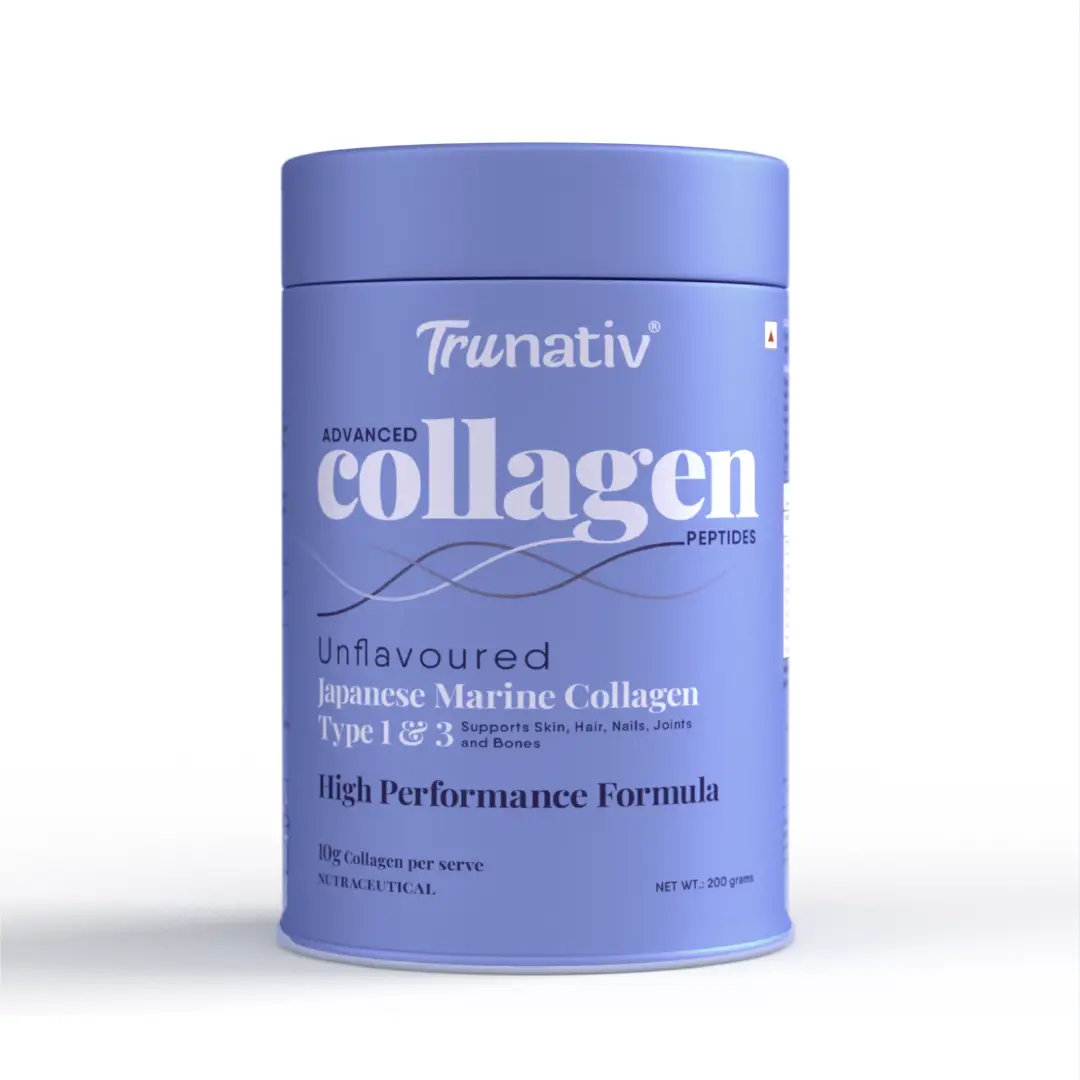 Trunativ Advanced Collagen with Japanese Marine Collagen Type 1 and 3, Vitamin C, Vitamin E, Hyaluronic Acid, Biotin, and Glutathione for Supporting Skin Glow, Hair Growth, and Nail Strength - Unflavoured,200 gm