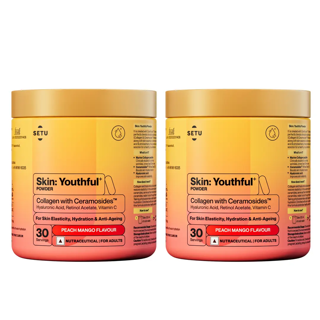 Setu Skin: Youthful Collagen Powder | Hydrolysed Marine Collagen Peptides with N-Acetylglucosamine, Vit C, Zinc and Biotin | Improves Skin Hydration, Elasticity & Texture - Peach Mango Flavour - Pack of 2 (60 servings)