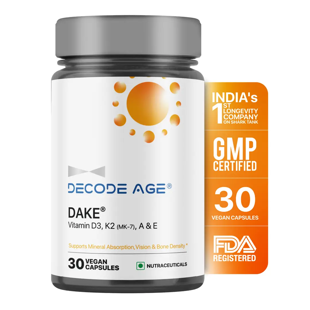 Decode Age DAKE® with Vitamin D3, K2 (MK7), A & E for Vision, Immunity, Bone, Heart and Skin Health - Pack of 1 (30 Capsules)