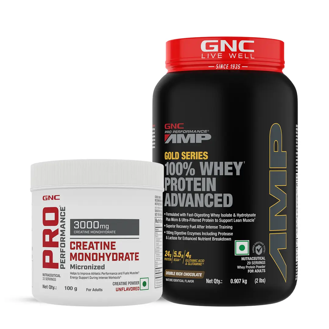 DSC - GNC - AMP 100% Whey Advanced Double Rich Chocolate + Creatine Monohydrate -2lbs / 100gm Combo - Combo Pack (Whey + Creatine)