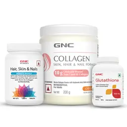 GNC Youthful Radiance Trio Marine Collagen Powder (Orange 200 gm) & Women's Hair, Skin, and Nails (120 Tablets) & Glutathione (60 Capsules)  icon