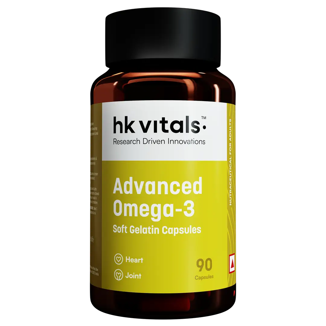 hk vitals Advanced Omega 3 | 1000mg Omega 3 with 360mg EPA & 240mg DHA, Double Strength Fish Oil | For Brain, Heart and Joint Health - Pack of 1 (90 Capsules)