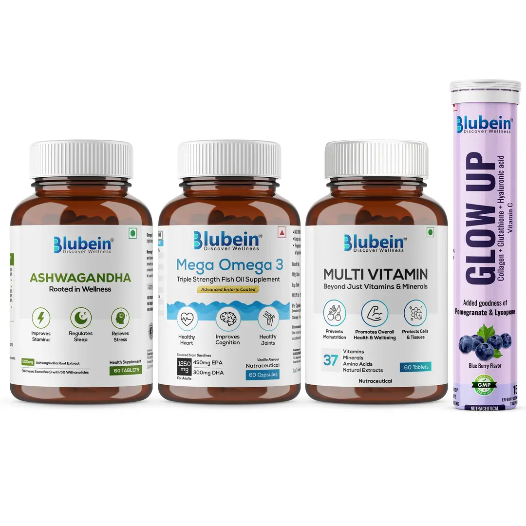Blubein Ultimate 4-in-1 - Omega 3 Fish oil (60 Capsules), Multivitamin (60 Tablets), Ashwagandha (60 Tablets) and L- Glutathione (15 Effervescent Tablets)
- Combo Pack