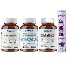 Blubein Ultimate 4-in-1 - Omega 3 Fish oil (60 Capsules), Multivitamin (60 Tablets), Ashwagandha (60 Tablets) and L- Glutathione (15 Effervescent Tablets)