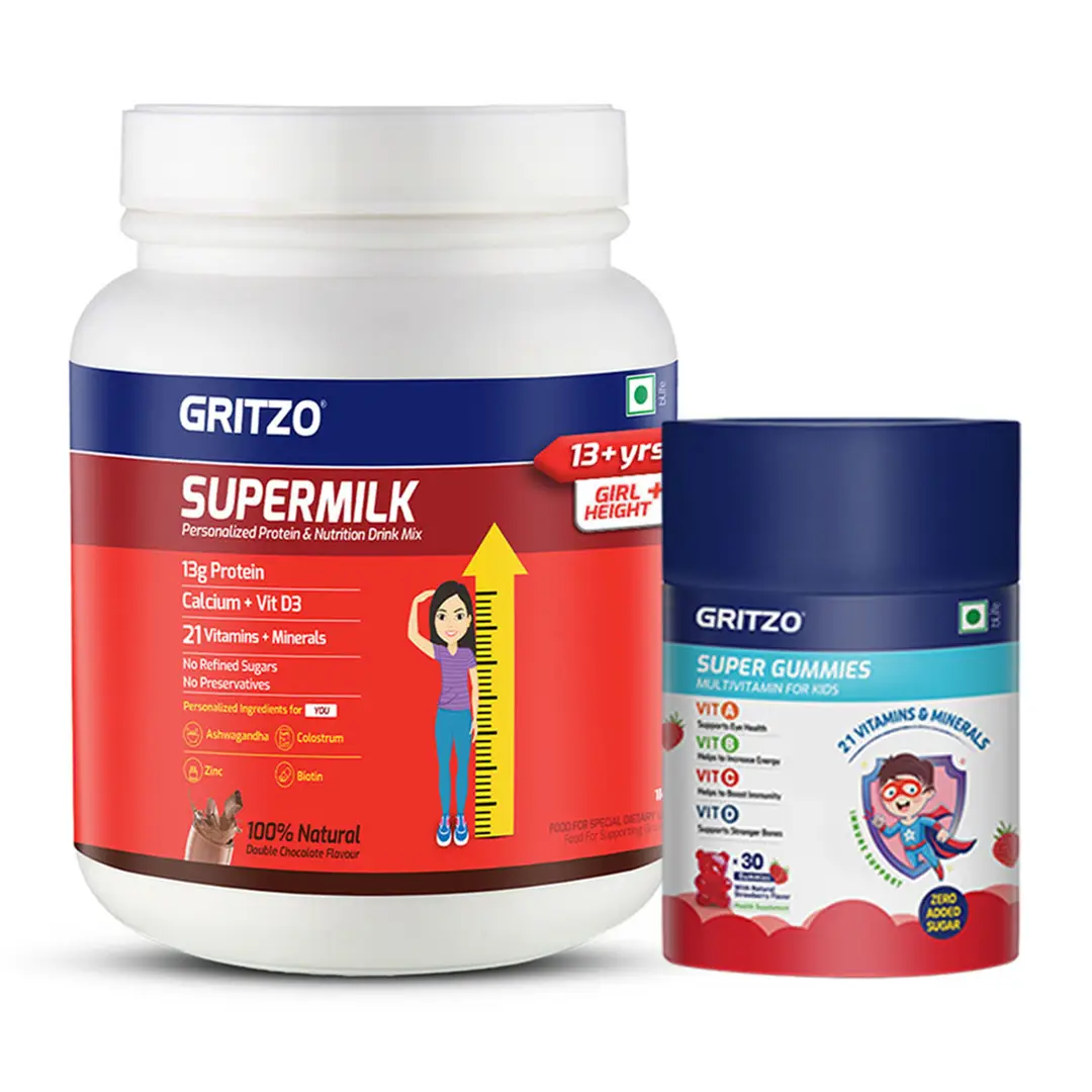 Gritzo SuperMilk Height+, 13+y Girls with Super Gummies (Double Chocolate, 1kg & Strawberry, 30 Gummies) - (Combo Pack)