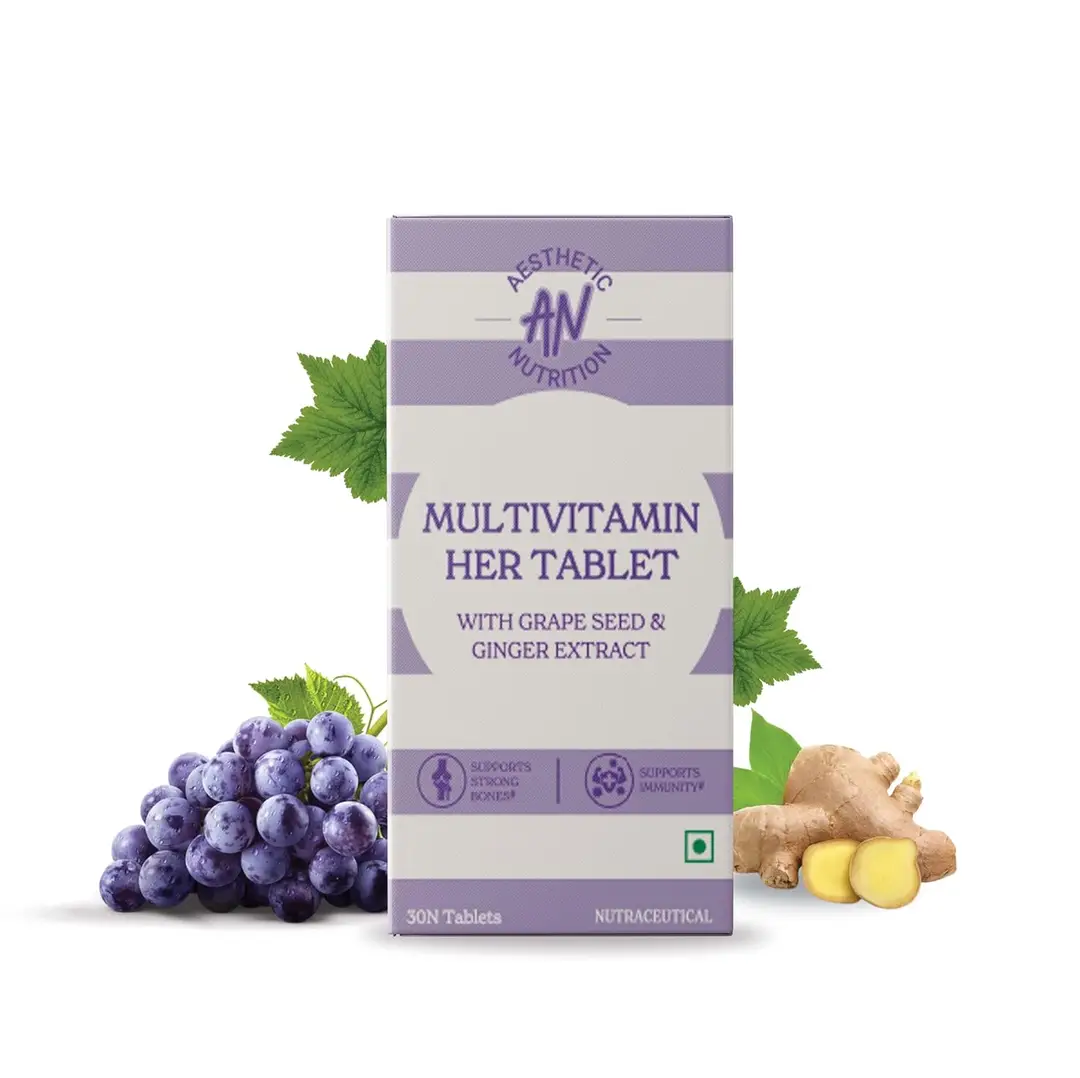 Aesthetic Nutrition Multivitamin Her with Grape Seed, Ginger Extract, Hyaluronic Acid, Vitamin B3, and B12 for Enhanced Health and Beauty - Pack of 1 (30 Tablets)