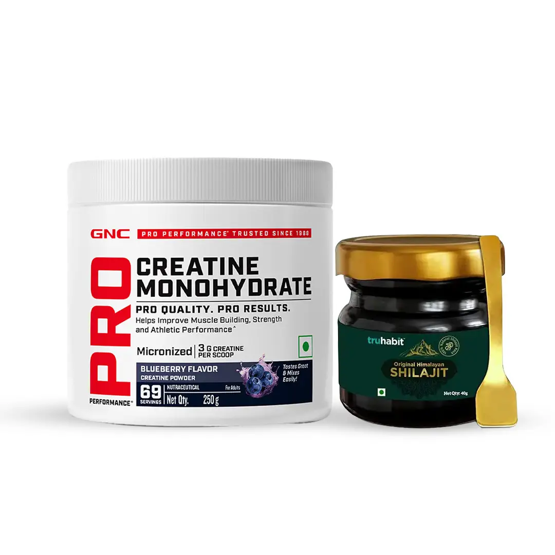 GNC Pro Performance Creatine Monohydrate (Blueberry,250 gm) and Truhabit Original Himalayan Shilajit Resin (10 gm) - Combo