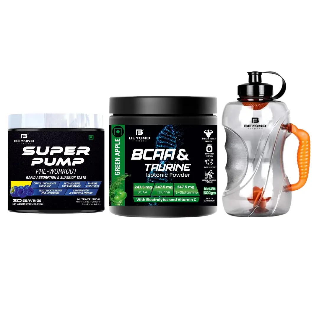 Beyond Fitness - Super Pump Pre Workout + BCAA & Taurine (Combo) - with 1500ml Shaker - for Muscle Growth, Weight Management and Endurance - (Combo Pack) Pre Workout + BCAA & Taurine - with 1500ml Shaker