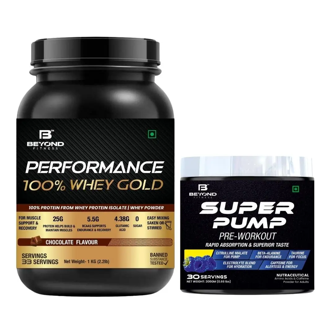 Beyond Fitness 100% Whey Gold Protein Powder and Super Pump Pre Workout Combo - Whey Protein (2.2lb) and Super Pump Pre Workout(300gm)