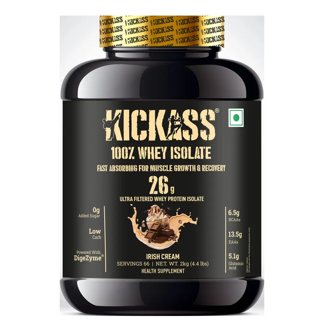 Kickass 100% Whey Protein Isolate- Ultra-Filtered, Imported Whey Isolate, With Digestive enzyme and Immunity boosters, Fast Absorbing for Muscle Growth and Recovery - 2 Kg - Irish Cream