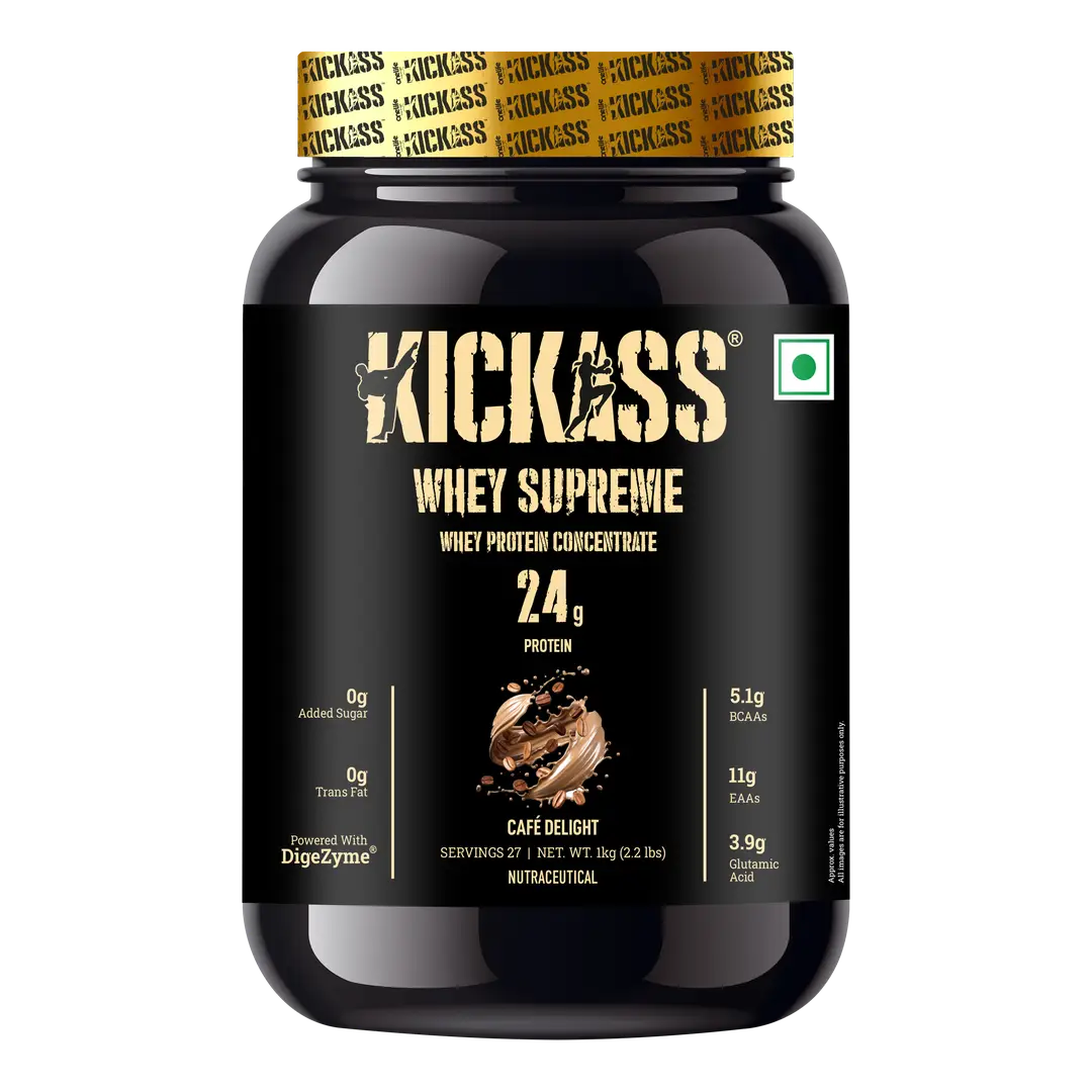 Kickass - Whey Supreme - with - Protease, Lactase, Cellulase, Lipase - for Muscle Growth and Lean Mass - Cafe Delight(1000 gm)