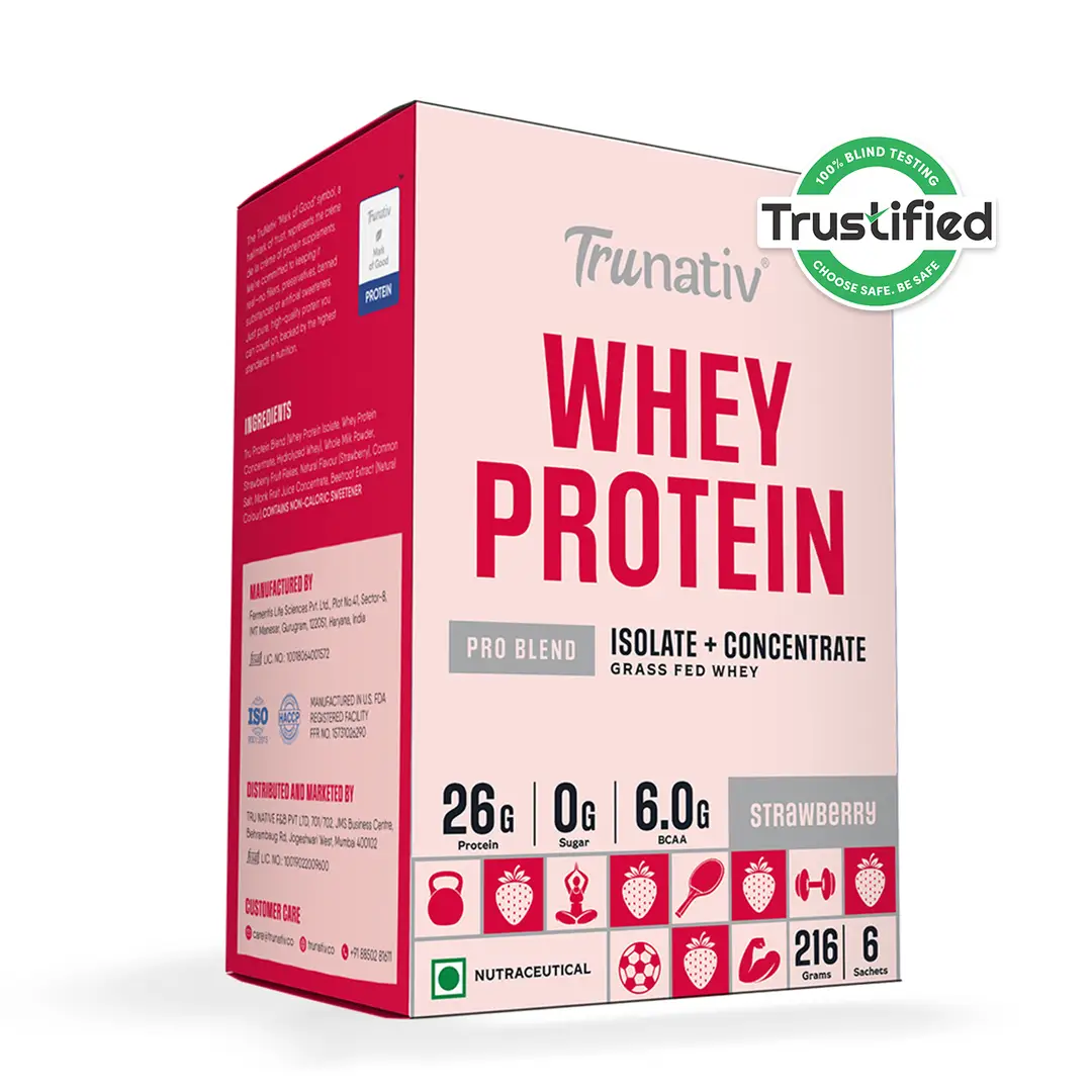 Trunativ Pro Blend Whey Protein with Grass-Fed Isolate & Concentrate for Muscle Recovery and Strength - Strawberry,6 Sachets