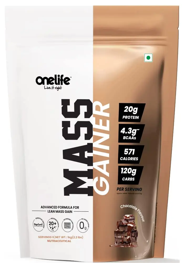 Onelife Mass Gainer For Lean Mass & Muscle Gain with 20+ Micronutrients, DigeZyme®- 1 Kg - Chocolate