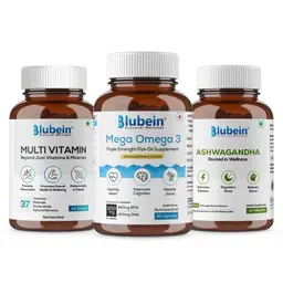 Blubein Total Wellness Trio - Multivitamin with 37 Vital Ingredients 60 Tablets, Mega Omega 3 Fish oil 60 Capsules and Ashwagandha with 5% withanolides 60 Tablets