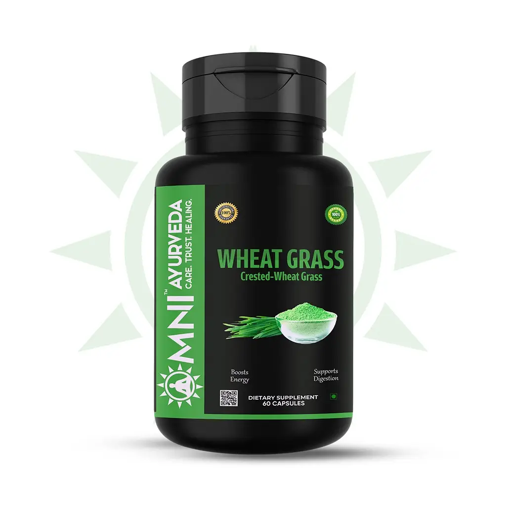 Omni Ayurveda - Wheat Grass Capsules - Detoxification, Improved Digestion and Increased Energy - 60 Capsules - Pack of 1(60 Capsules)