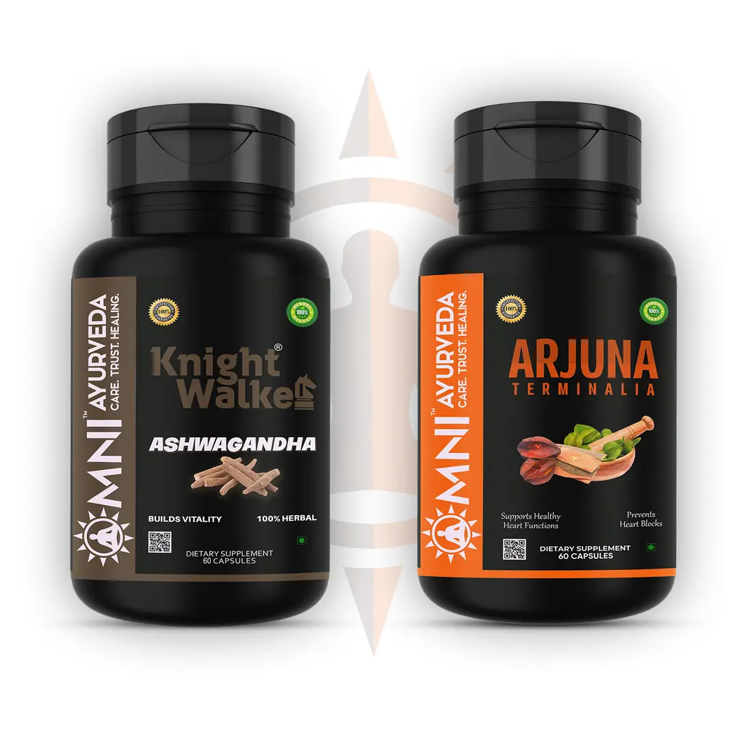 Omni Ayurveda - Knight Walke Ashwagandha and Arjuna Terminalia Capsule - for Stress and anxiety Relief - Combo Pack (120 Capsules)