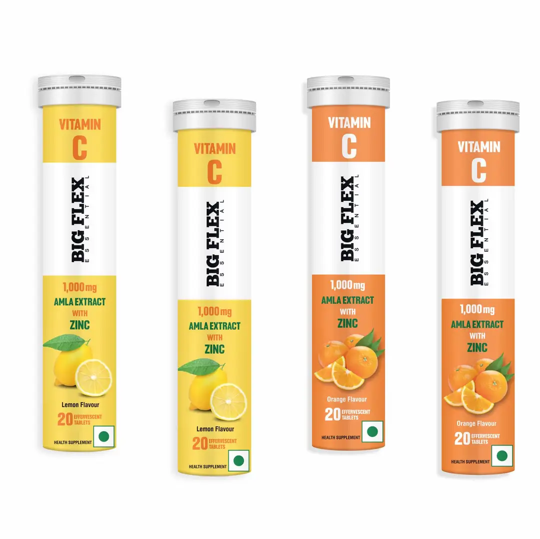 Bigflex Vitamin C with Amla 1000mg and Zinc 10mg for Glowing and Brightening Skin - Orange & Lemon,80 Effervescent Tablets