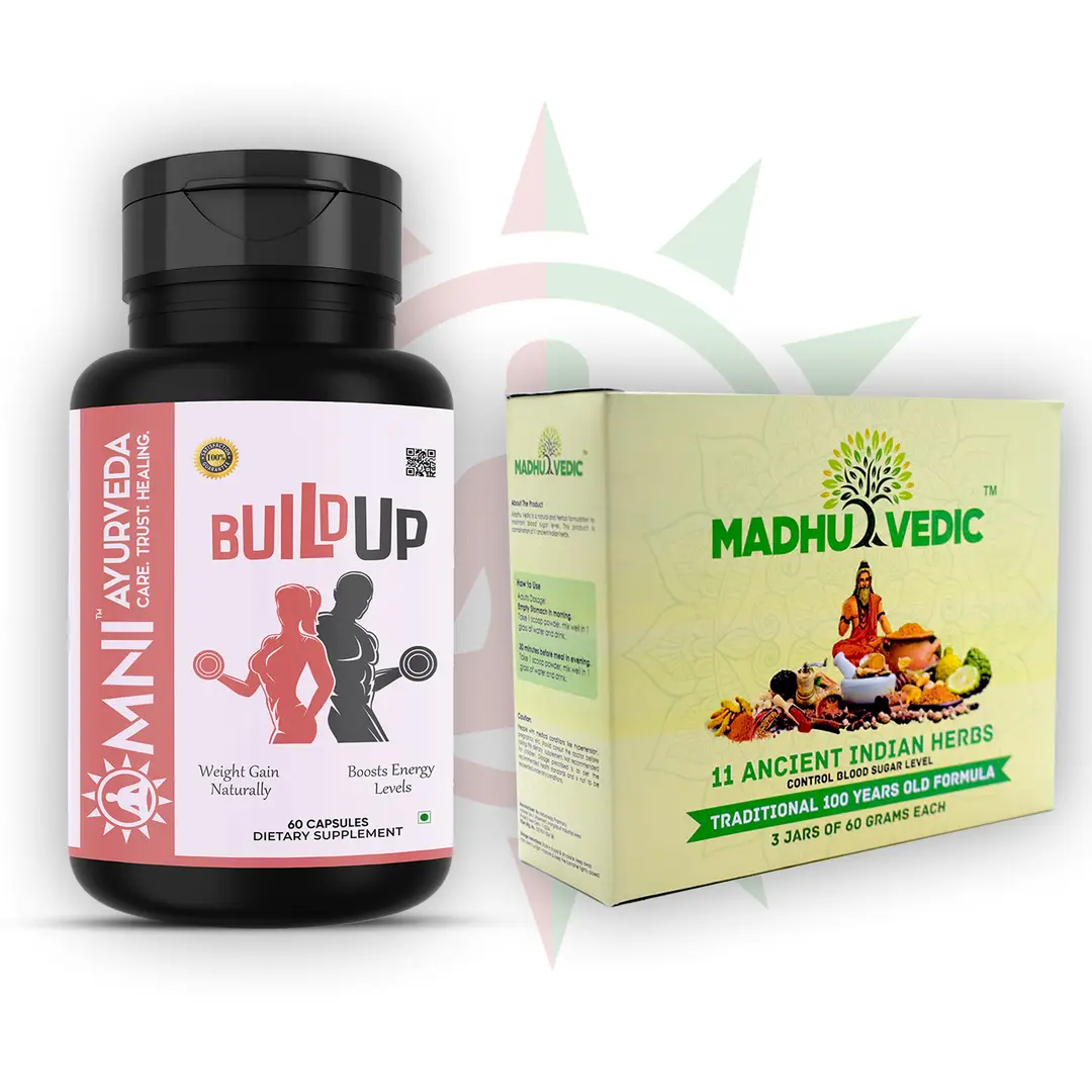 Omni Ayurveda - Build Up and Madhuvedic Powder - for Muscle Growth - Combo Pack (120 Capsules)