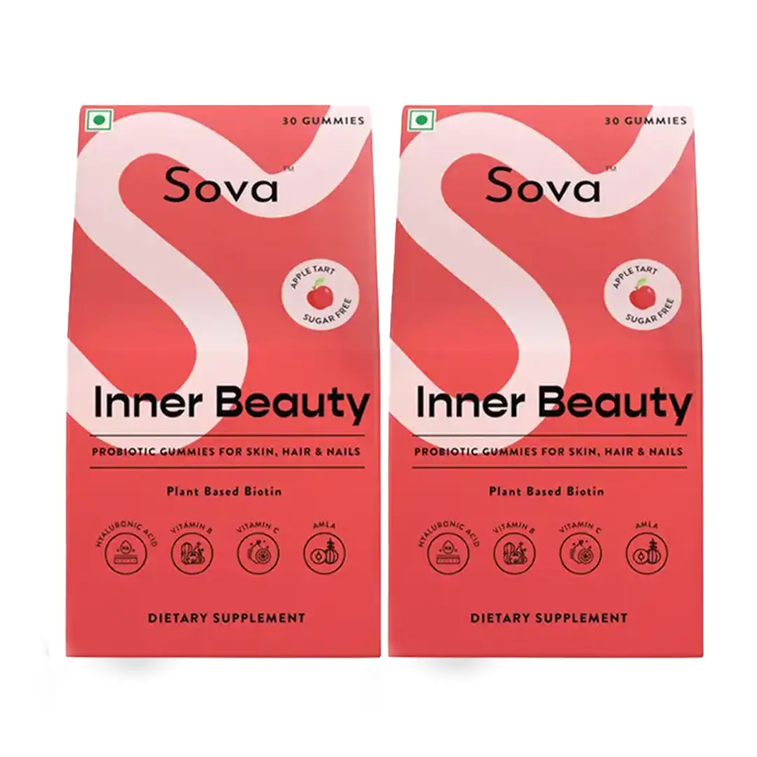 Sova Inner Beauty Biotin Gummies with 10000mcg Biotin & Probiotics for Skin, Hair and Nails - Pack of 2 (60 Gummies)
