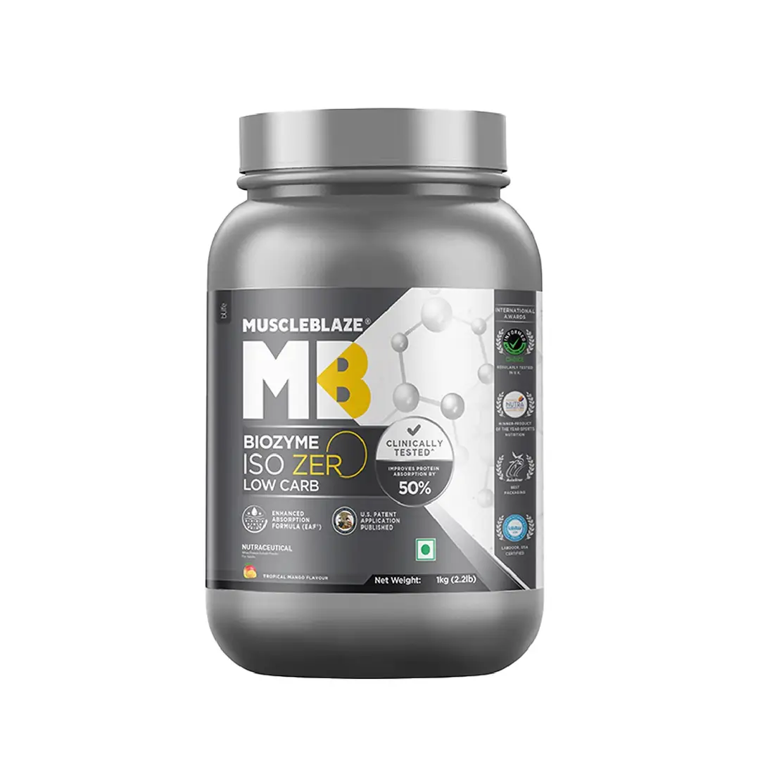 MuscleBlaze Biozyme Iso Zero, Low Carb Whey Protein Isolate with USA Patent for Lean Muscle Mass - Tropical Mango,2.2 lb