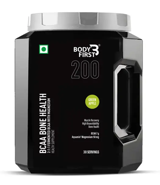 Bodyfirst BCAA Bone Health - 2:1:1 Fermented BCAA with Magnesium, - Muscle Recovery,Prevents Muscle Screness,High Bioavilability - 300 gm - Green Apple
