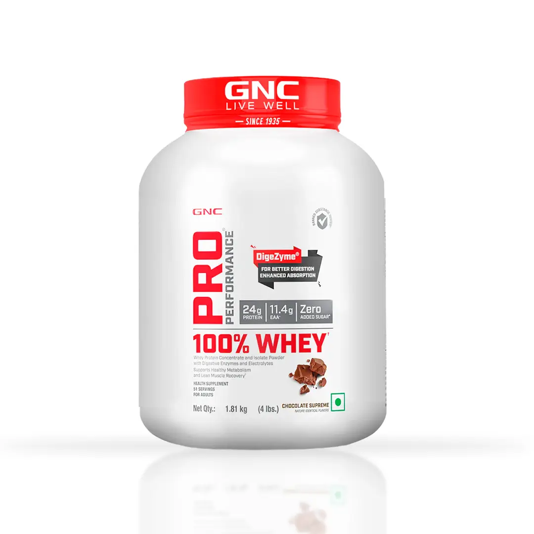 GNC Pro Performance 100% Whey Protein Powder Formulated In USA with 24g Protein, 5.5g BCAA for Strength, Endurance, Builds Lean Muscles and Fastens Muscle Recovery - Chocolate Supreme,4 lb
