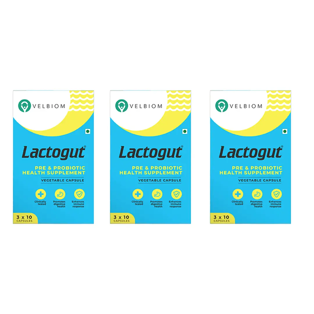 Velbiom Lactogut with Pre+Probiotic and Probiotics for Gut & Digestive Health and Immunity - Pack of 3 (90 Capsules)